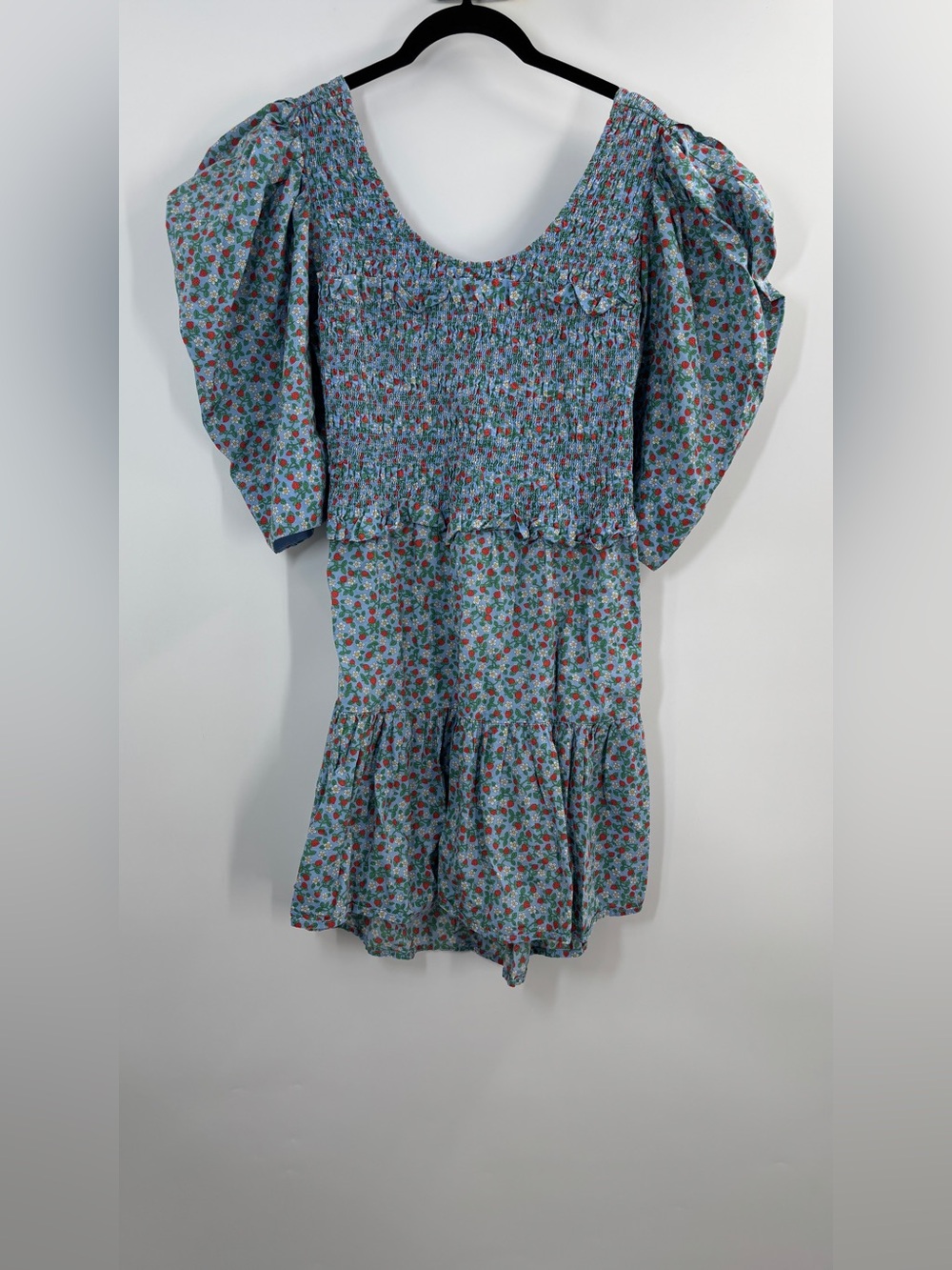 Sea Lilly Smocked Mini Dress in Blue Liberty Strawberry Print - Picture 8 of 9